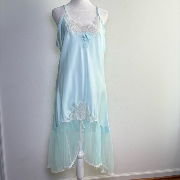 Vintage Other - Vintage Baby Blue Satin Lace Chiffon Ethereal Peignoir Slip Nightgown Dress